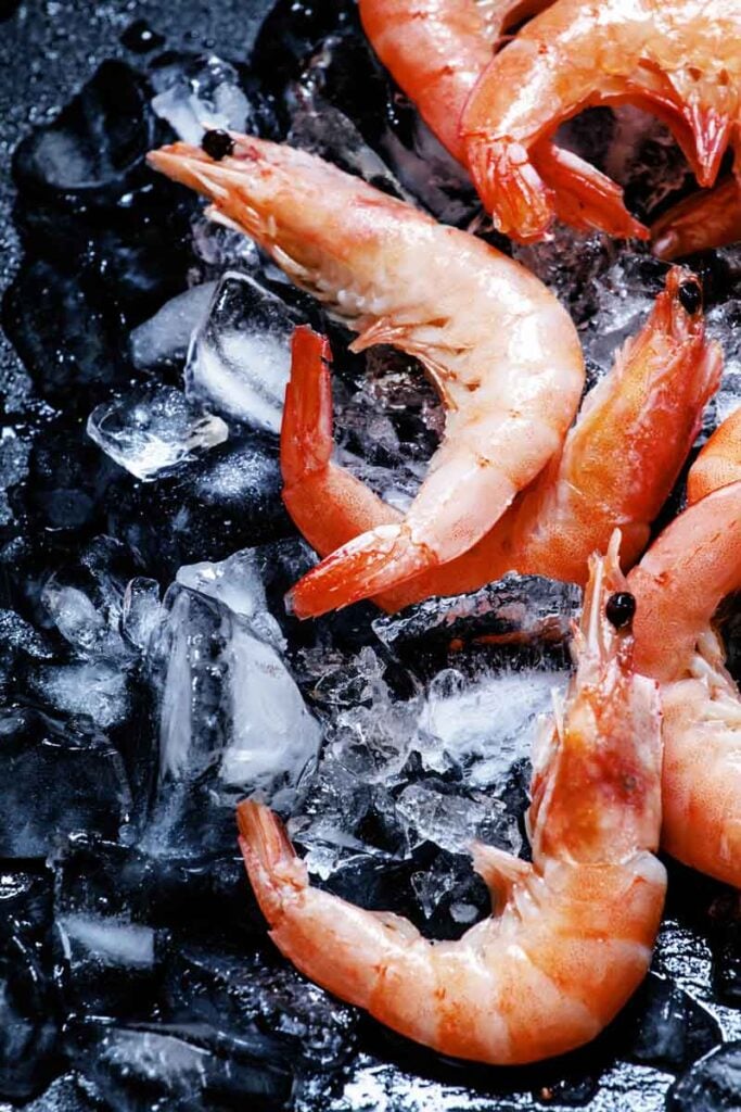 Large prawns defrosting on ice