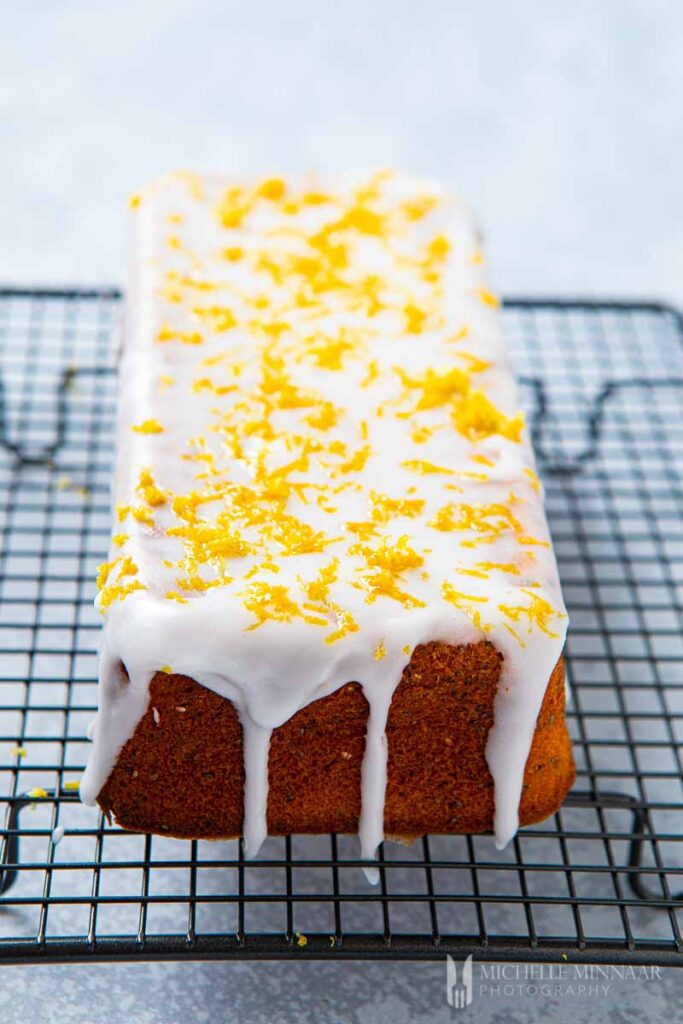 Baked chia seed cake with lemon drizzle
