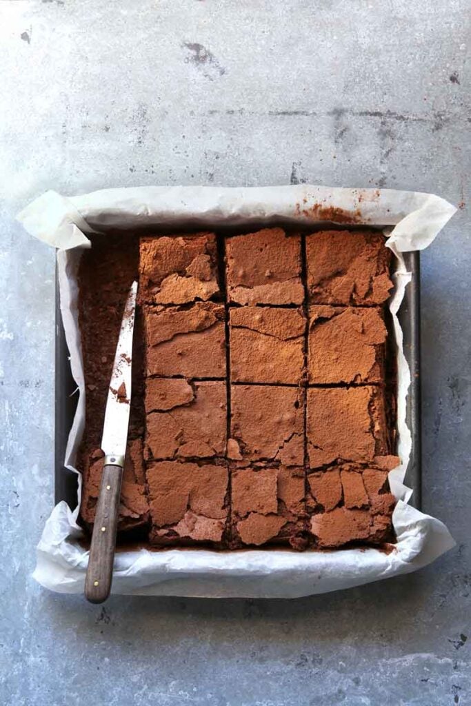 Pan of sliced cooked brownies