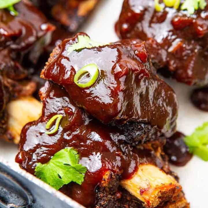 Finished smoked ribs with bbq sauce