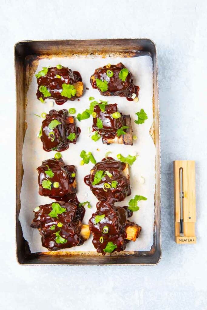 Smoked ribs on a baking tray