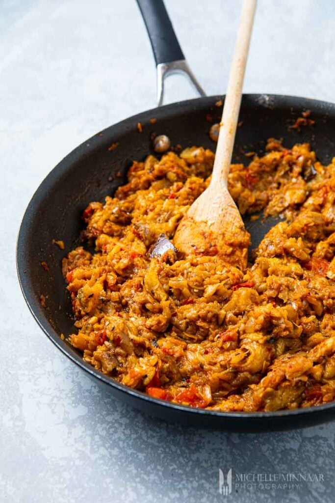 Spicy eggplant in a pan