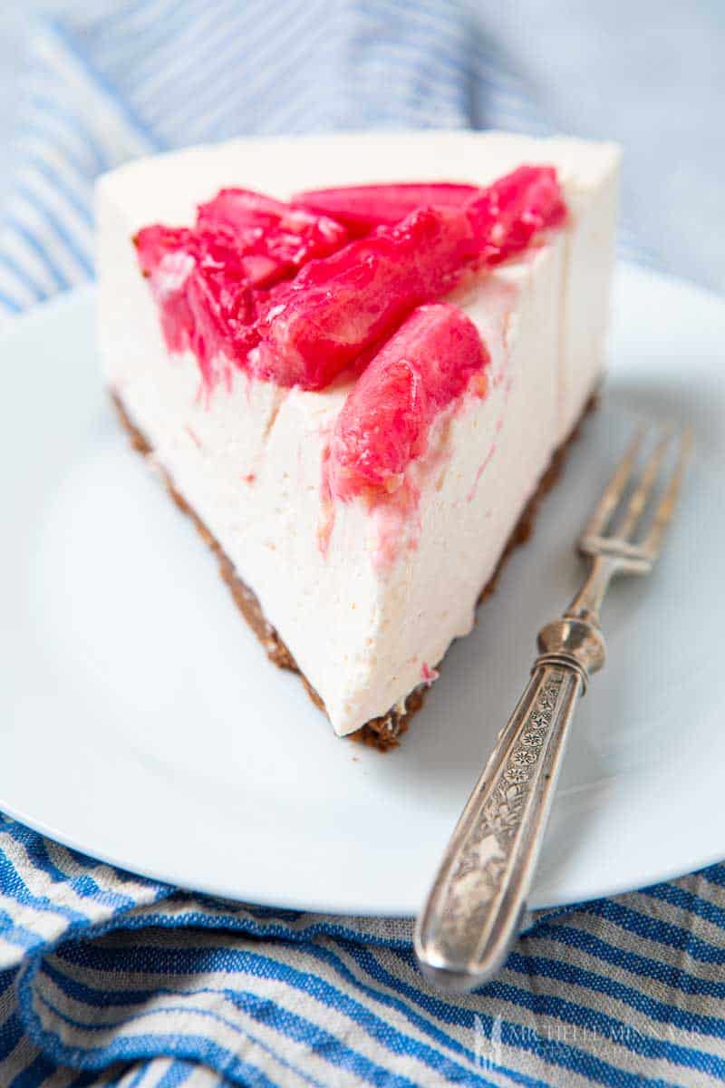 Slice of No Bake Rhubarb Cheesecake
