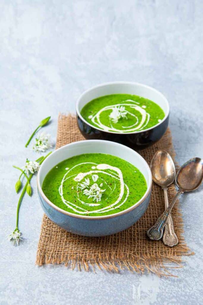 Two bowls of green wild garlic soup