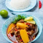 Close up of lamb curry and bowl of white rice