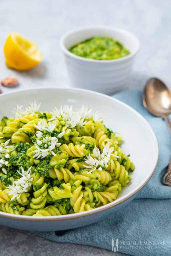 Bowl of pesto covered pasta