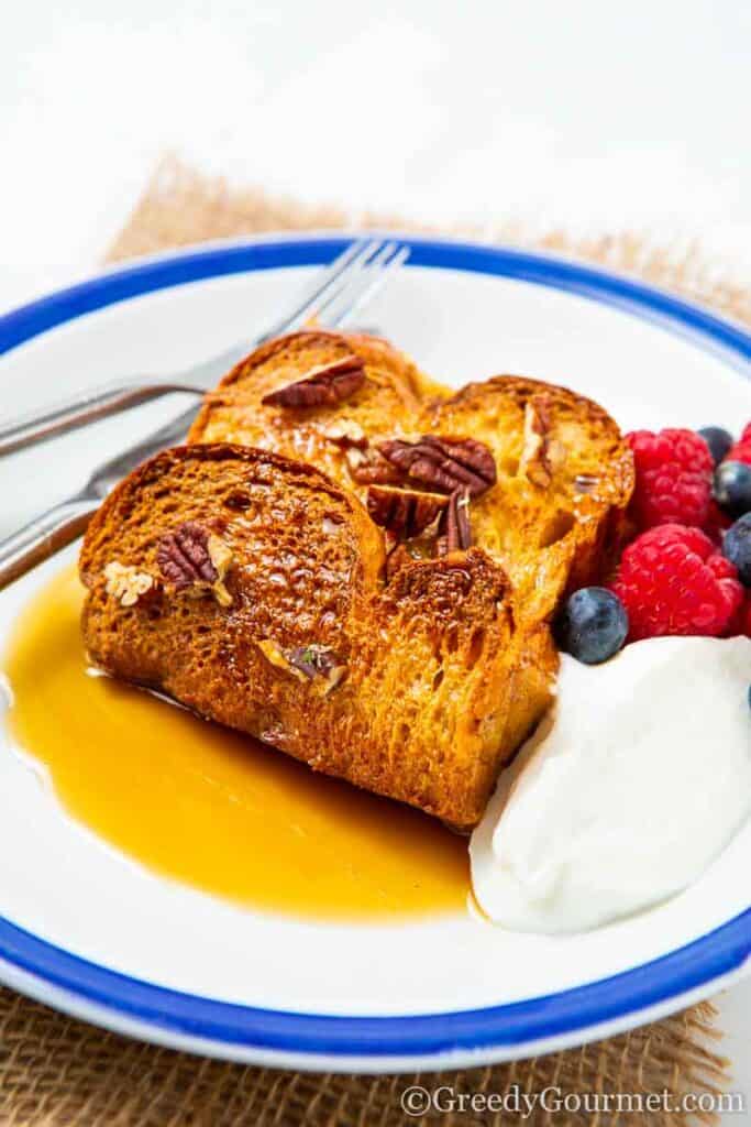 Slice of brioche French toast casserole