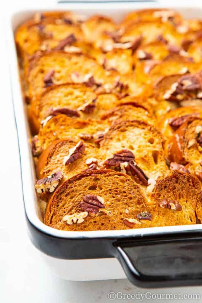 Close up of a baked french toast breakfast 