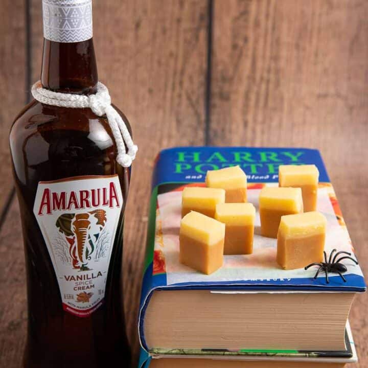 Bottle of Amarula and chunks of alcoholic fudge on Happy Potter books