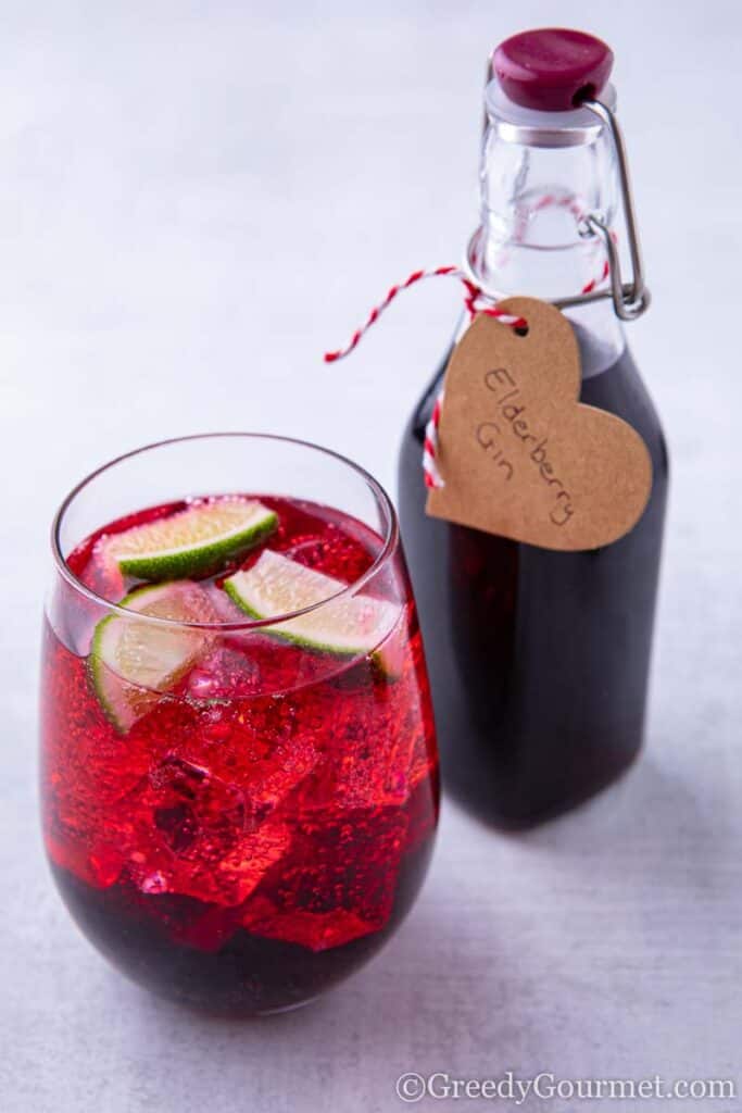 elderberry gin in glass and labelled bottle