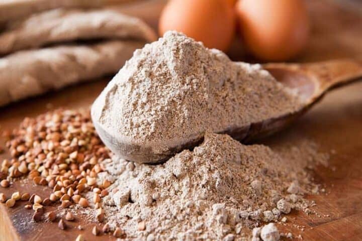 Pile of brown buckwheat flour to use as an almond flour substitute