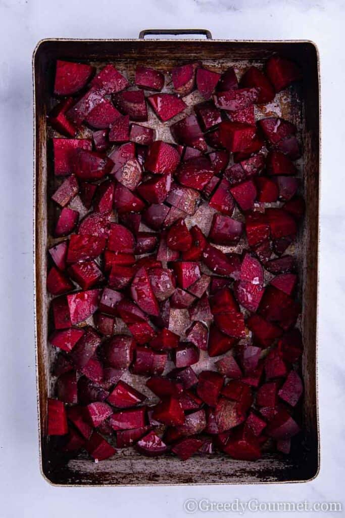Beets cubed and ready to roast