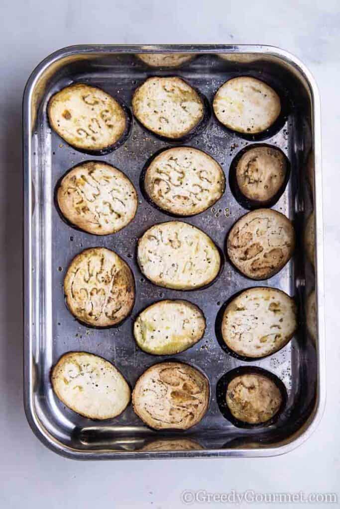 Grilled eggplant in a pan