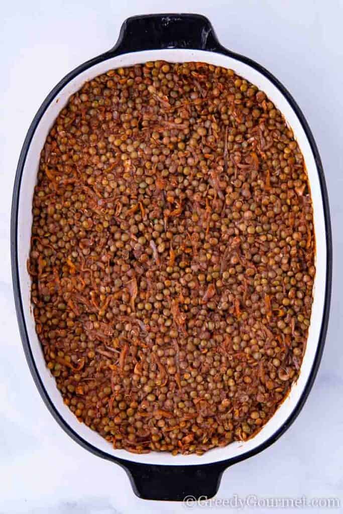 Lentils layered in a casserole