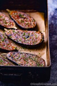 Lined eggplant in a pan to make a Japanese eggplant recipe