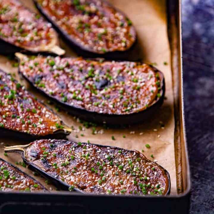 Lined eggplant in a pan to make a Japanese eggplant recipe