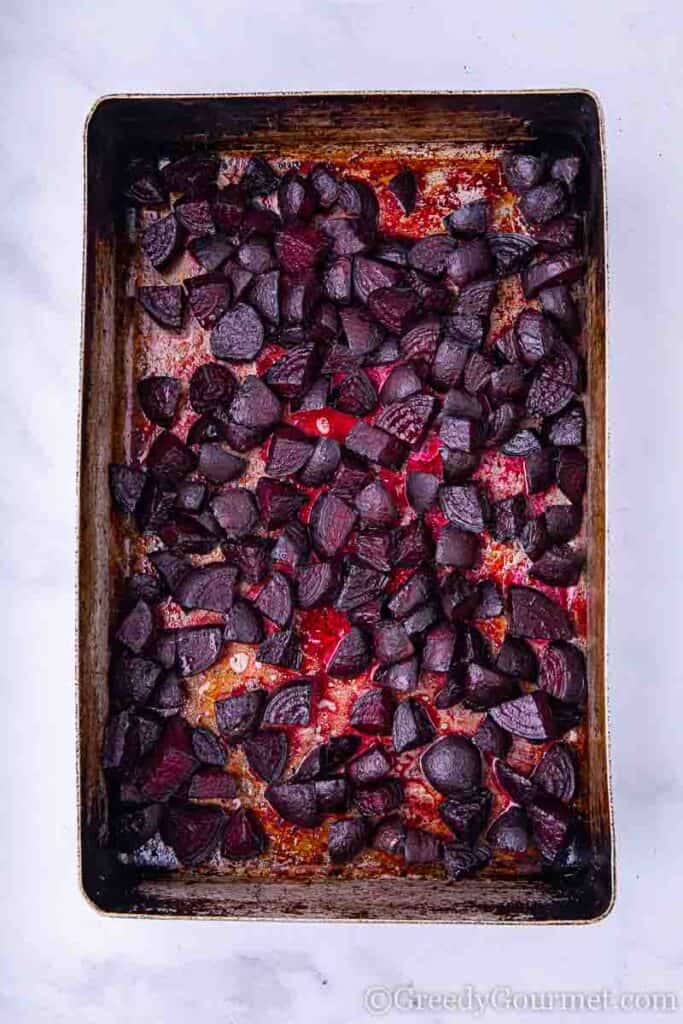 Roasted beets on a shee tpan