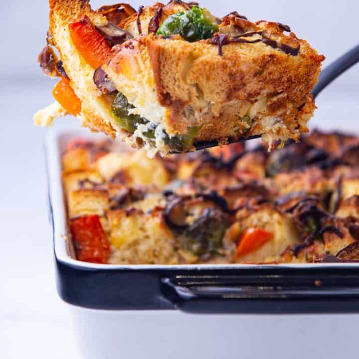 Colorful slice of savory bread pudding