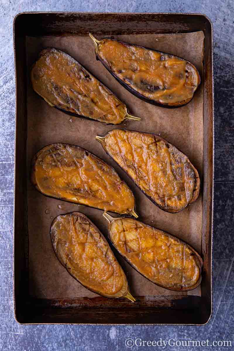 miso grilled eggplant in a sheet pan