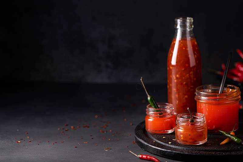 Four different size jars full of Sriracha