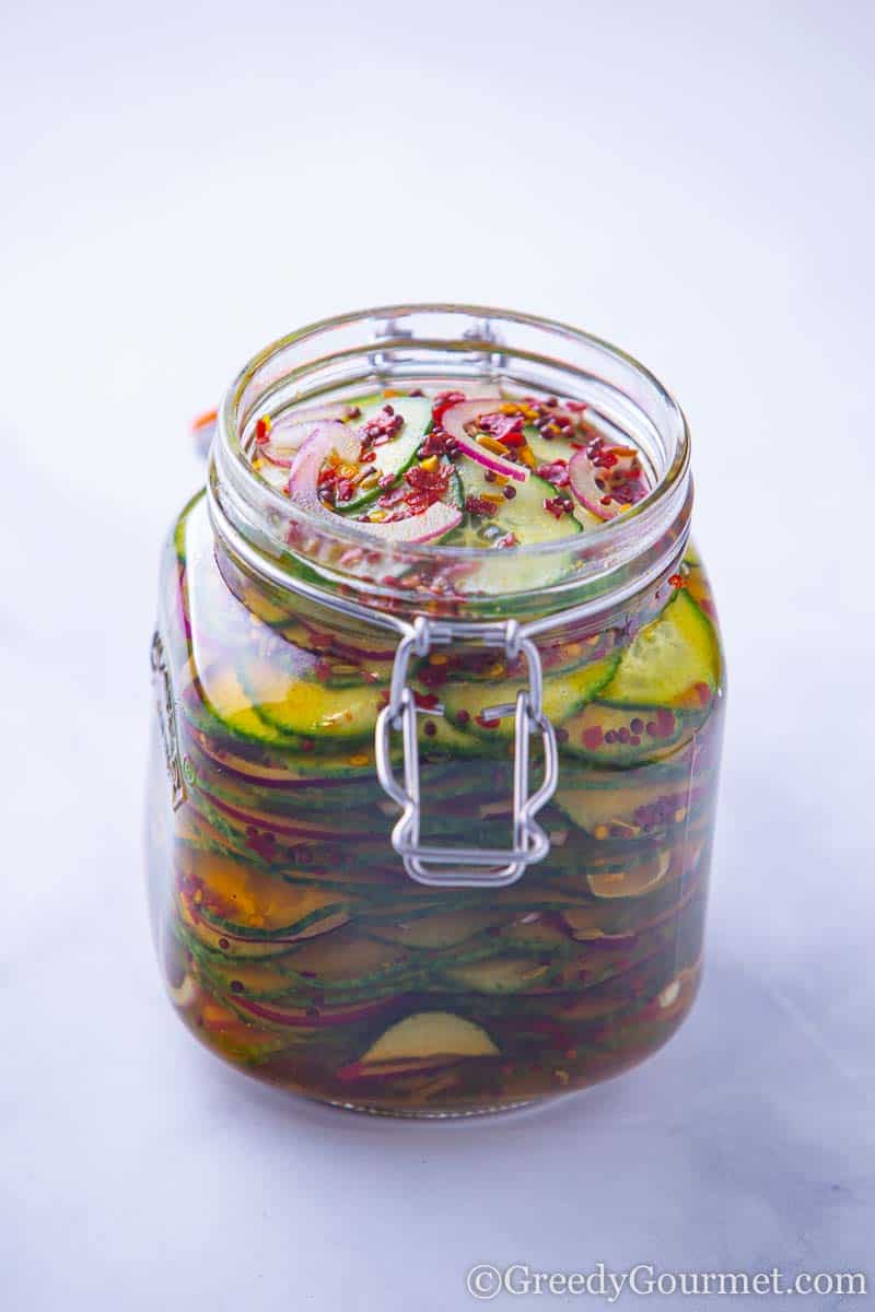 Jar of easy pickled cucumber