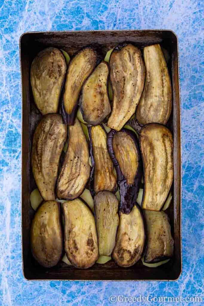 Layer of aubergine in baking tray