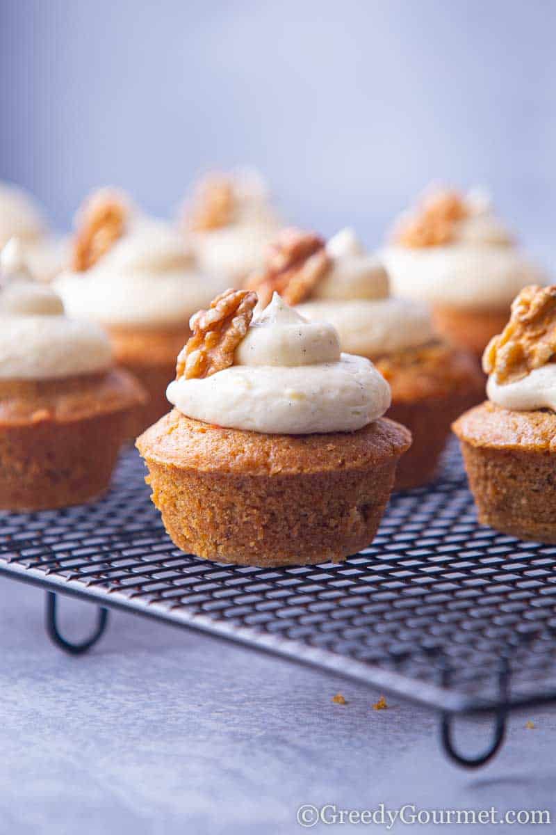 Close up of moist carrot cake cupcakes