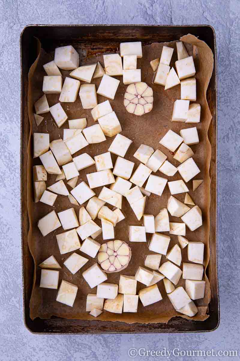 Cubed celeriac ready to roast