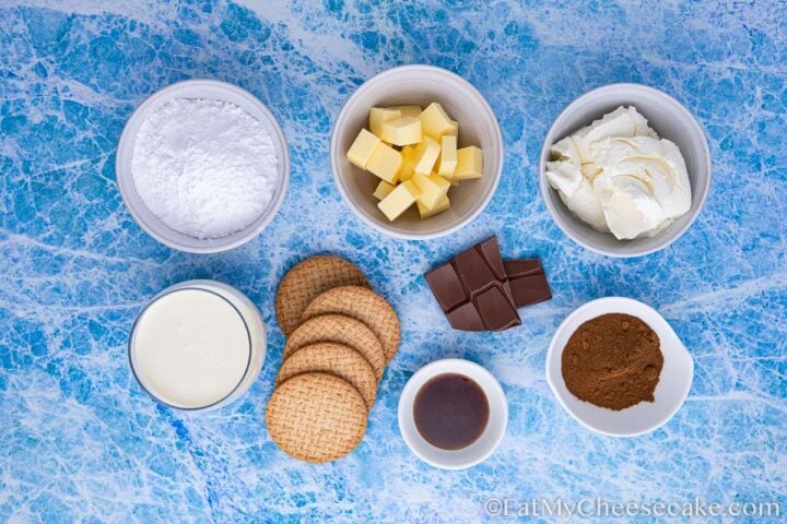 ingredients for no bake mocha cheesekcake.