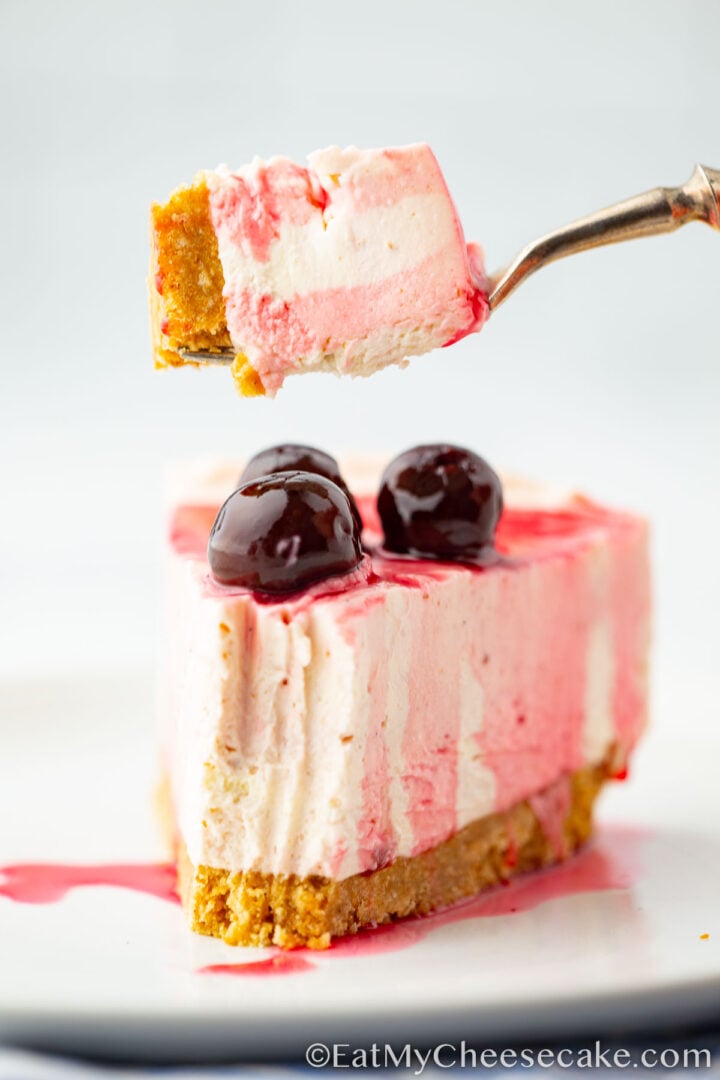 Close up picture of cheesecake with cherries on top.