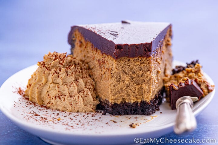 slice of baked espresso cheesecake with cream.