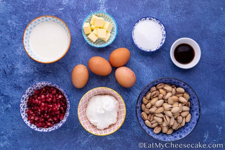 ingredients for baked pomegranate cheesecake.