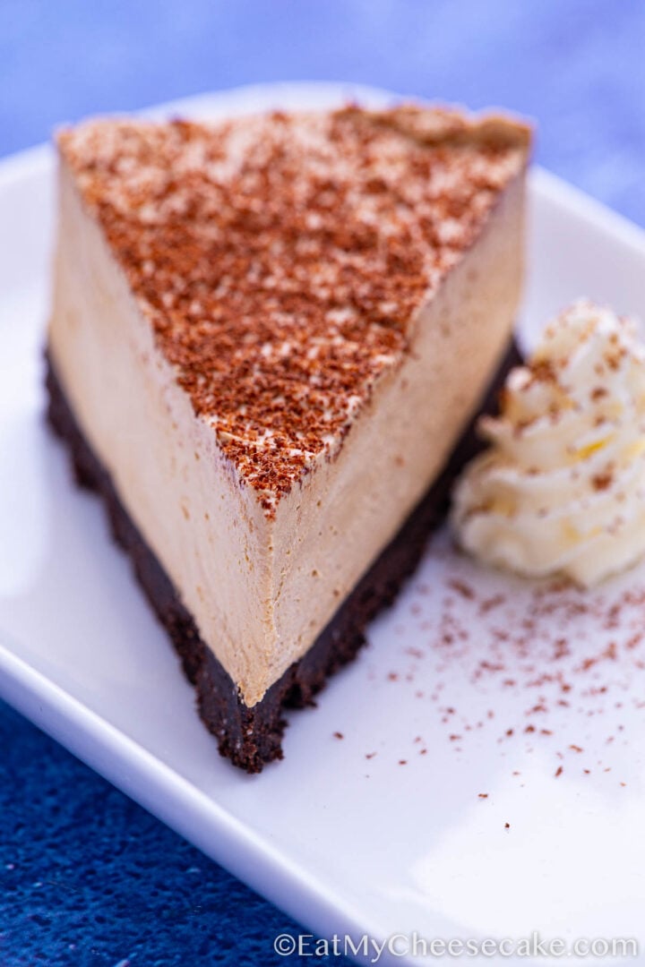 Slice of no bake espresso cheesecake.