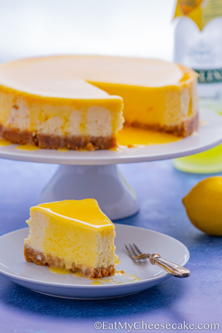 limoncello cheesecake drizzled with lemon curd.