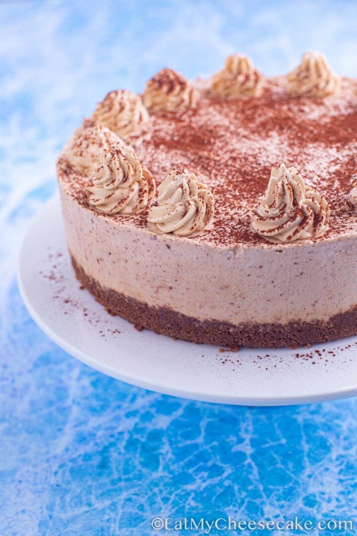 no bake mocha cheesecake decorated with cocoa powder and whipped cream spirals.