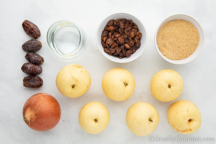 ingredients for Asian pear chutney on a table