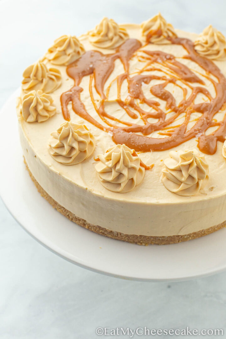no bake salted caramel cheesecake drizzled in caramel sauce..