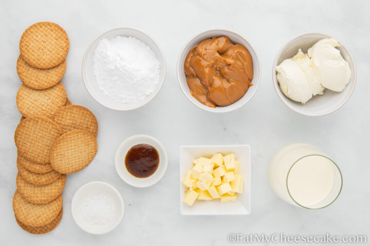 ingredients for caramel cheesecake.