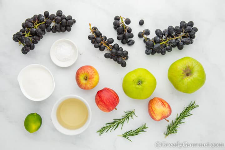 Grapes, Apples, Milk, Lime, Sugar, Red wine vinegar and rosemary sprigs. 