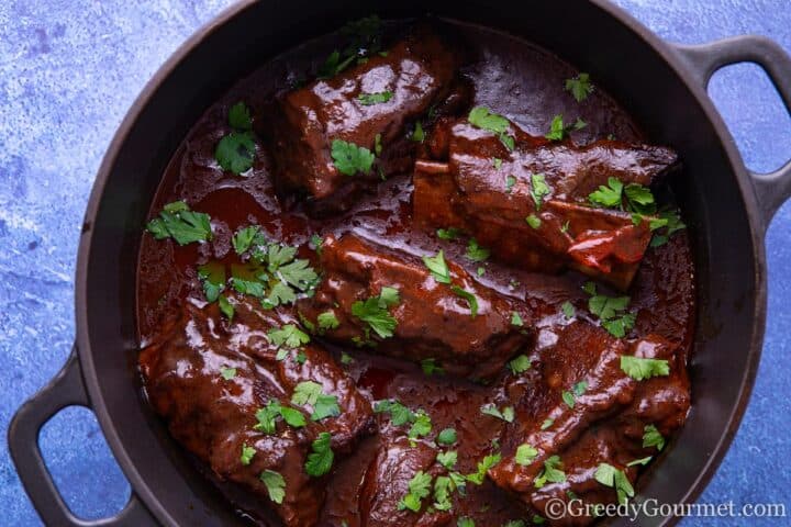 Braised short ribs in saucepan