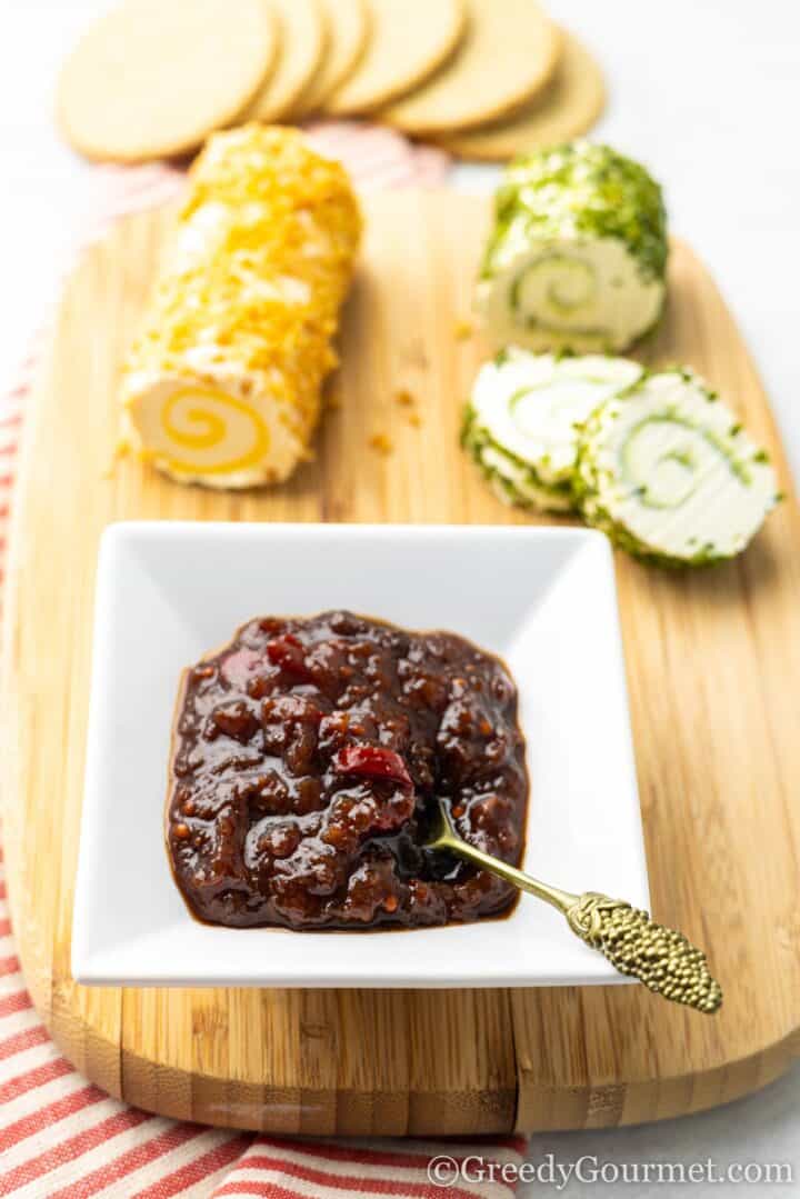 strawberry chutney served with a cheeseboard.