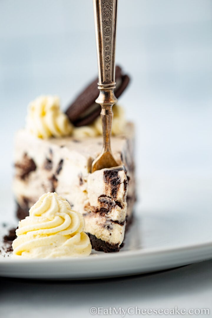 Oreo cheesecake slice with whipped cream.
