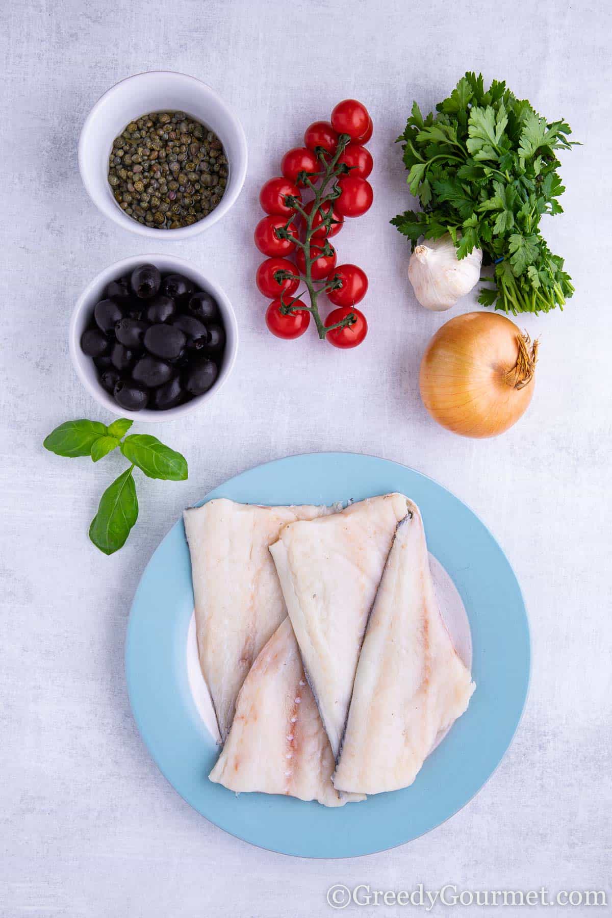 Pan Fried Haddock & Tomato, Olives & Capers Greedy Gourmet