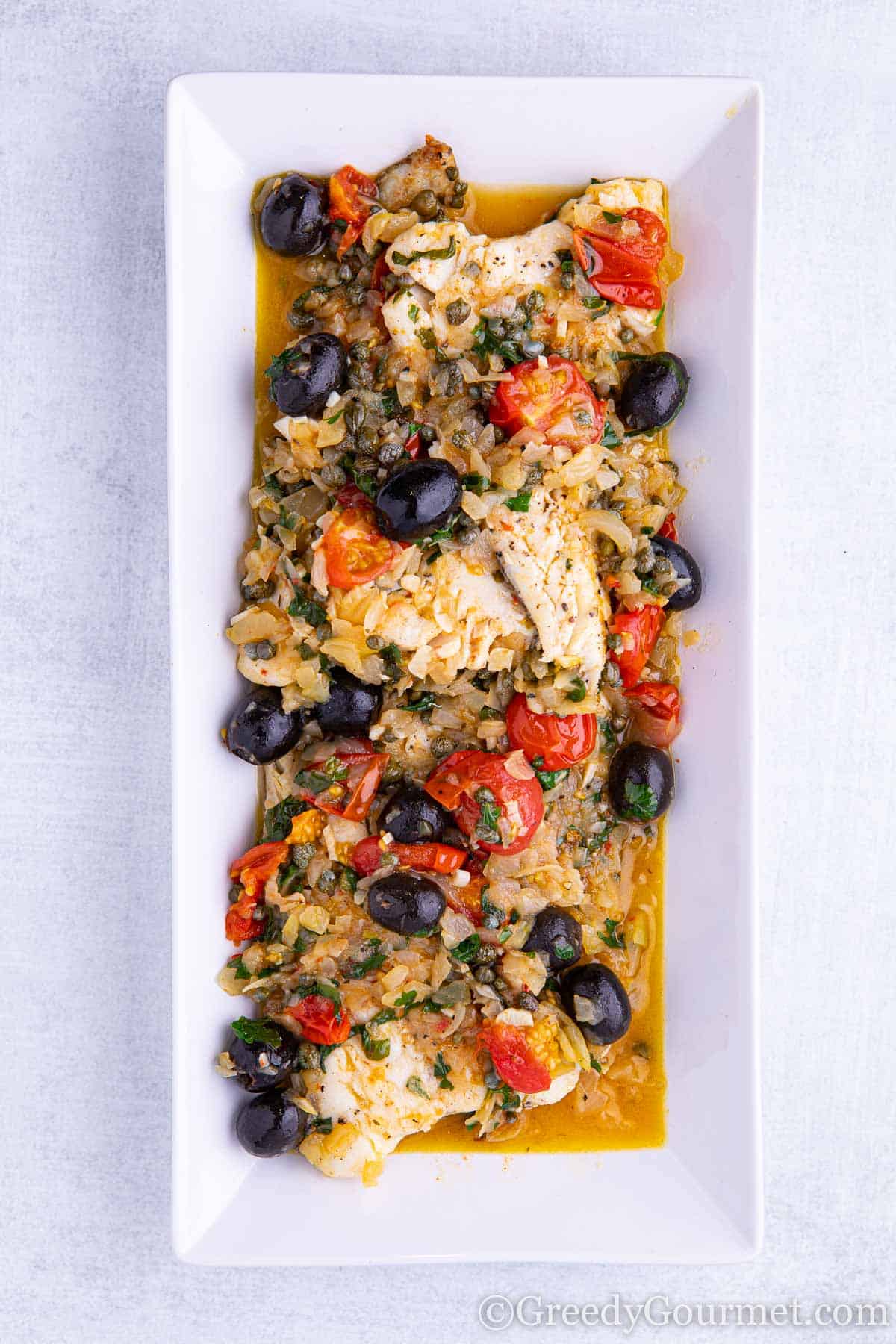 Pan Fried Haddock & Tomato, Olives & Capers Greedy Gourmet