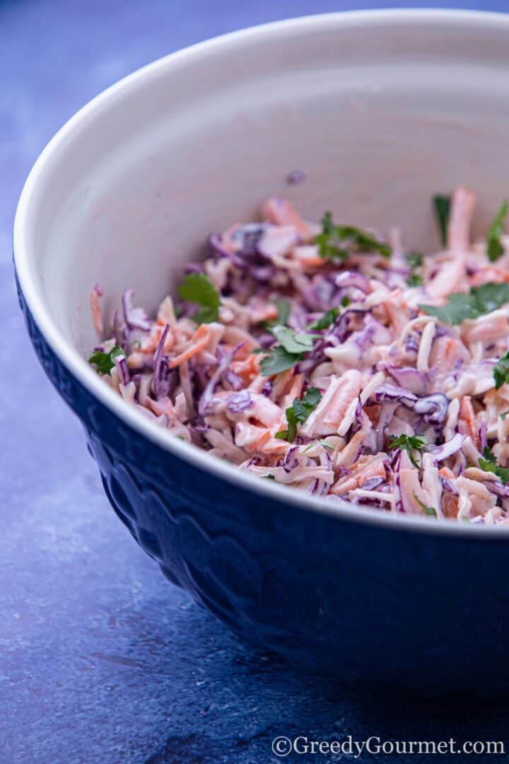 Keto Coleslaw in blue bowl