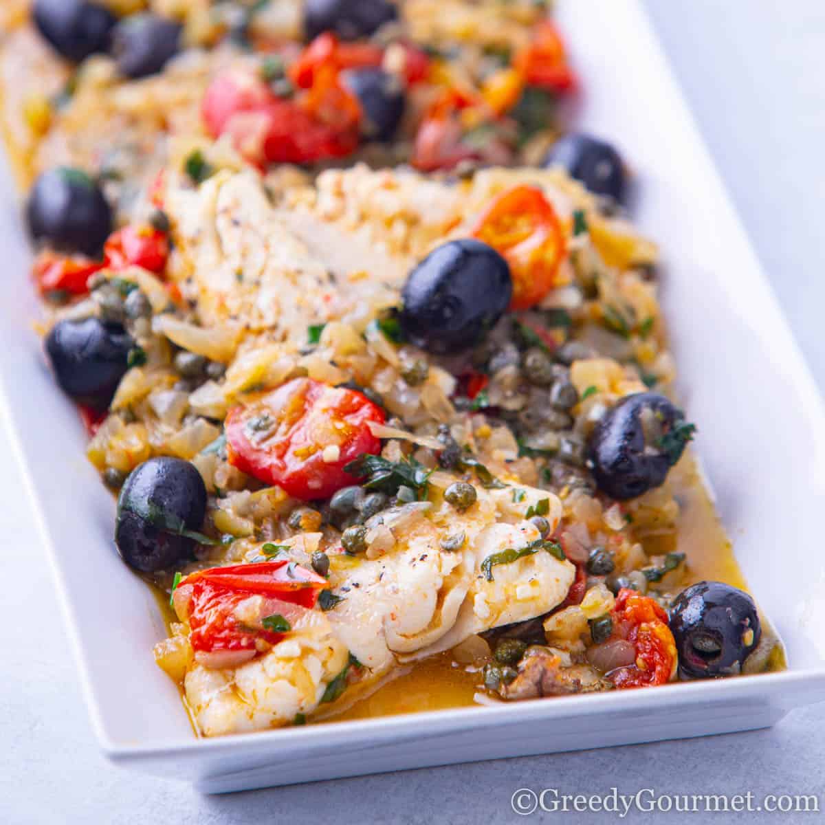 Pan Fried Haddock with Tomatoes Olives and Capers