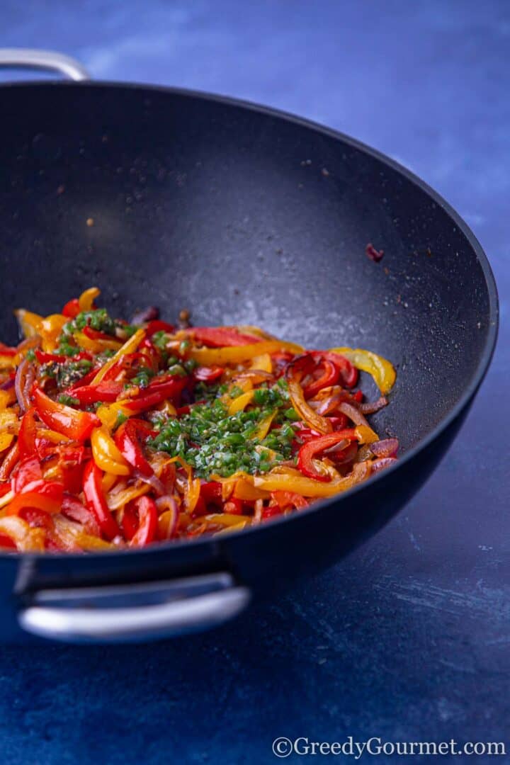 Sautéed Peppers and Onions in pan