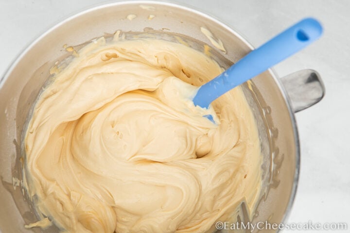 cheesecake filling in a mixing bowl.