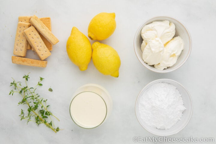 ingredients for no bake lemon cheesecake.