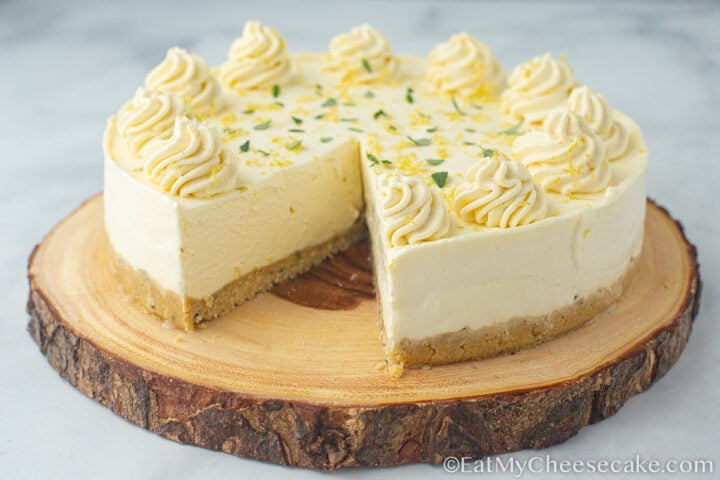 lemon cheesecake with a slice cut out.
